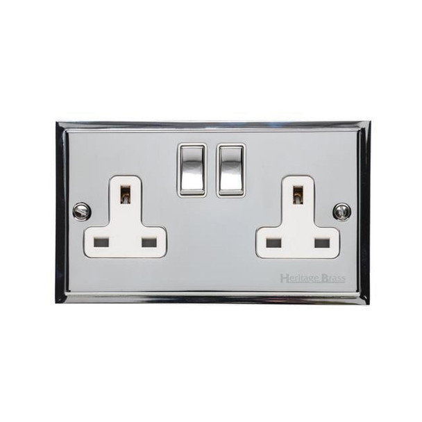 Elite Stepped Plate Range Double Socket (13 Amp) in Polished Chrome  - White Trim