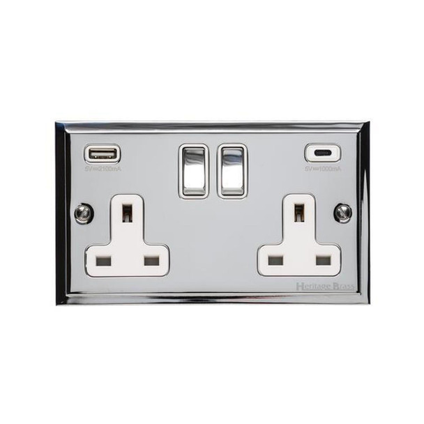 Elite Stepped Plate Range 2G 13A Socket with USB-A & USB-C in Polished Chrome  - White Trim
