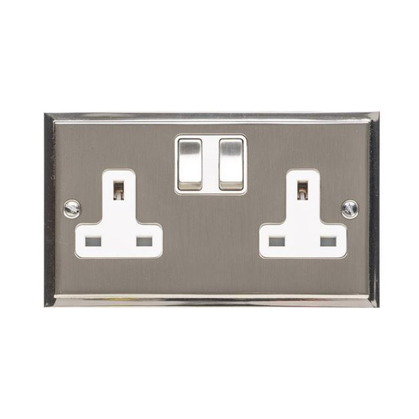 Elite Stepped Plate Range Double Socket (13 Amp) in Satin Nickel  - White Trim