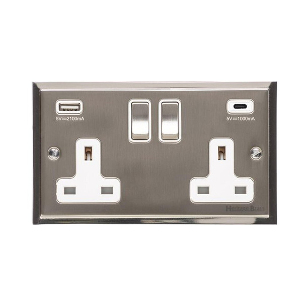 Elite Stepped Plate Range 2G 13A Socket with USB-A & USB-C in Satin Nickel  - White Trim