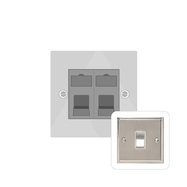 Elite Stepped Plate Range 2 Gang Master Line Socket in Satin Nickel  - White Trim