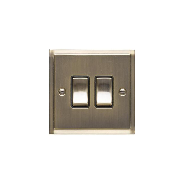 Elite Stepped Plate Range 2 Gang Rocker Switch (10 Amp) in Antique Brass  - Black Trim