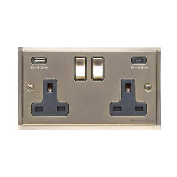 Elite Stepped Plate Range 2G 13A Socket with USB-A & USB-C in Antique Brass  - Black Trim