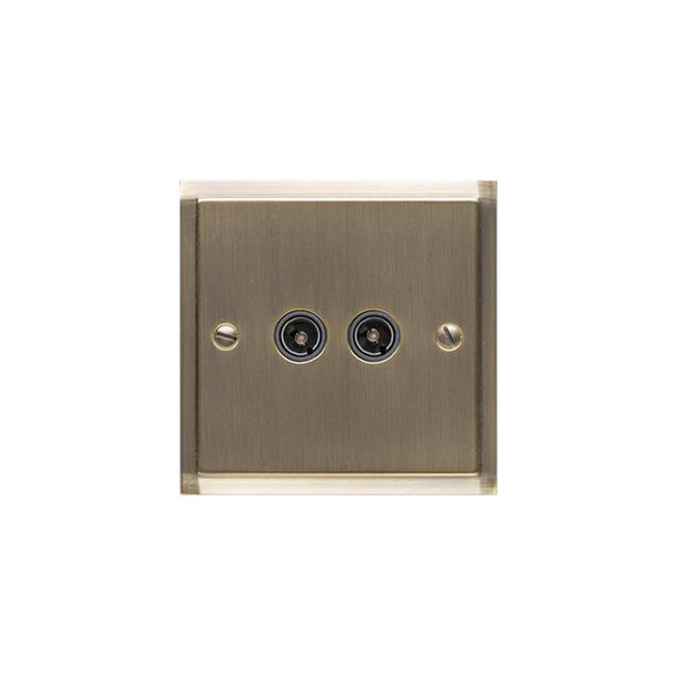 Elite Stepped Plate Range 2 Gang TV Coaxial Socket in Antique Brass  - Black Trim