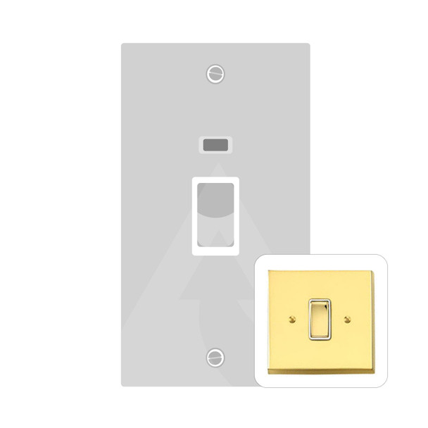 Contractor Range 45A DP Cooker Switch with Neon (tall plate) in Polished Brass  - White Trim - V961W