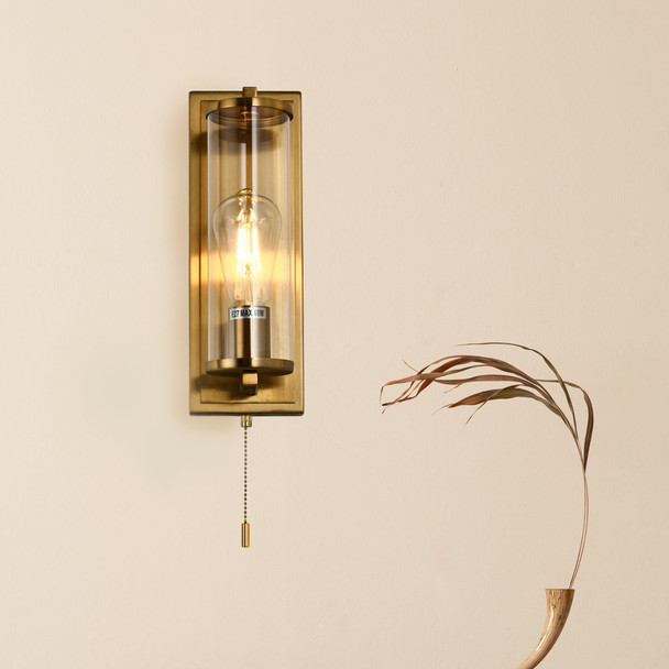 Pull Cord Cylindrical Bathroom Wall Light in Brushed Brass Living Space Installation