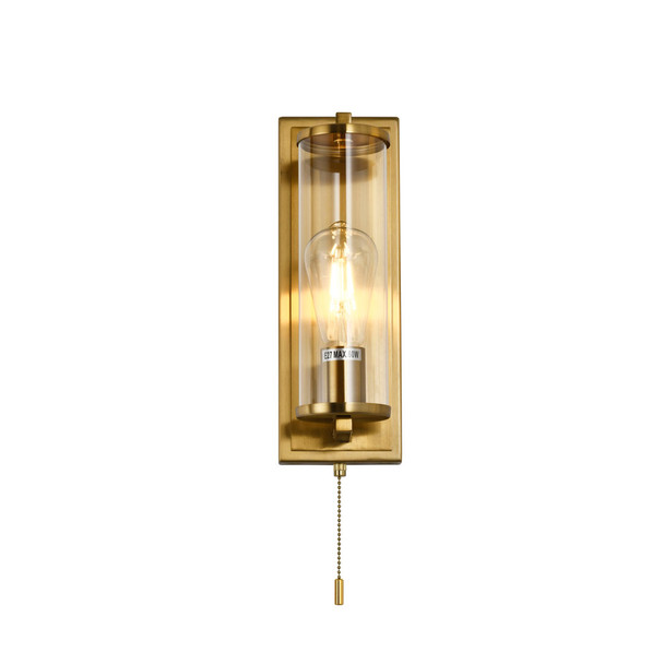 Pull Cord Cylindrical Bathroom Wall Light in Brushed Brass