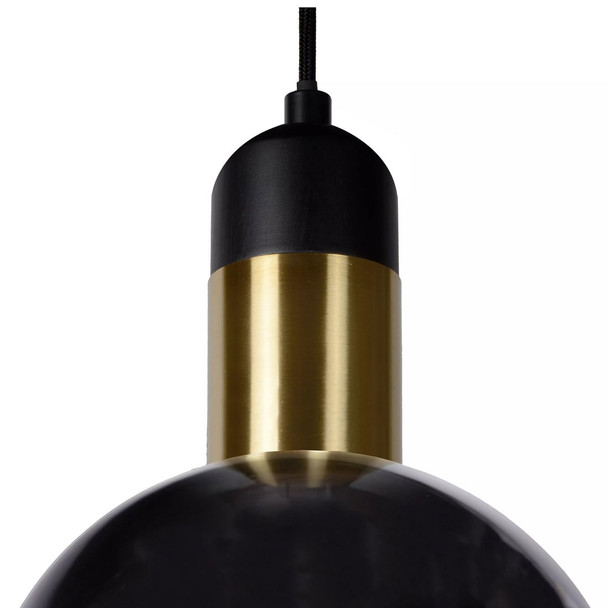 Tinted Glass Ball Adjustable Ceiling Pendant Light Close Up on Black Cord and Brass Finish, Pendant Lighting