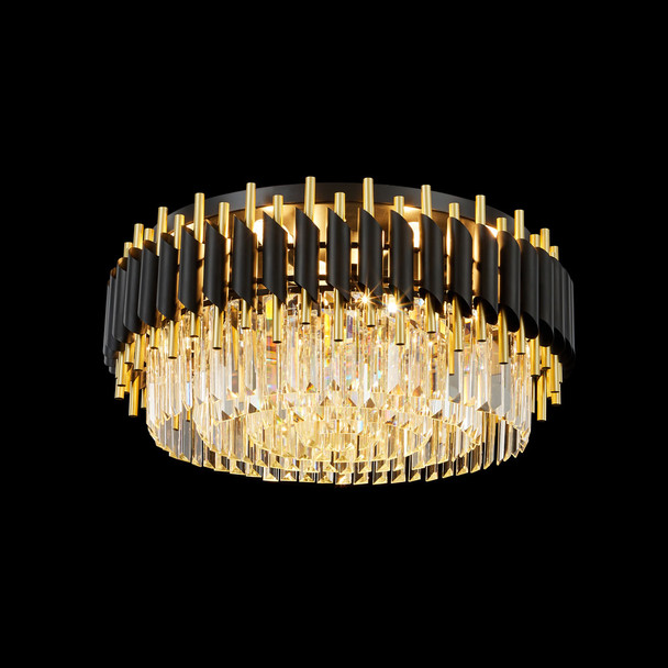 Luxury Black Crystal Flush Light with Polished Brass Accents Switched On, Interior Lighting