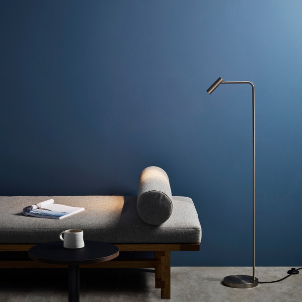 Enna Floor LED Standing Lamp in Matt Nickel with Dark Interior Background