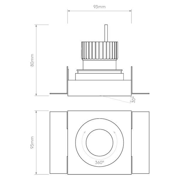 Trimless Square Adjustable LED Downlight Technical Drawing