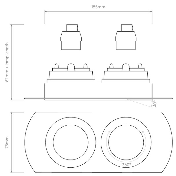 Trimless Round Twin Adjustable Recessed Downlight GU10 Technical Drawing