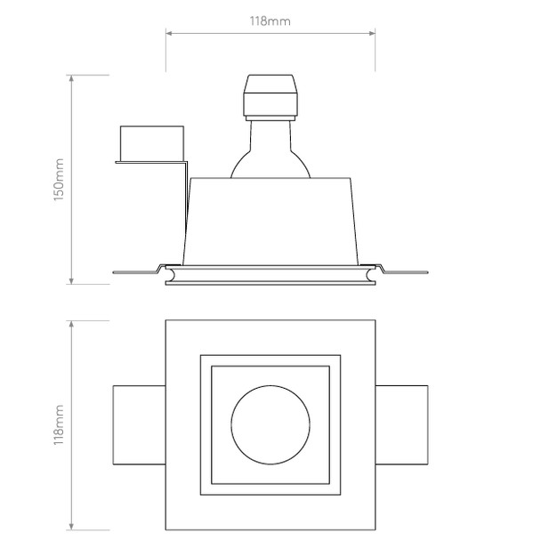 Blanco Square Fixed Plaster Recessed Downlight GU10 Technical Drawing