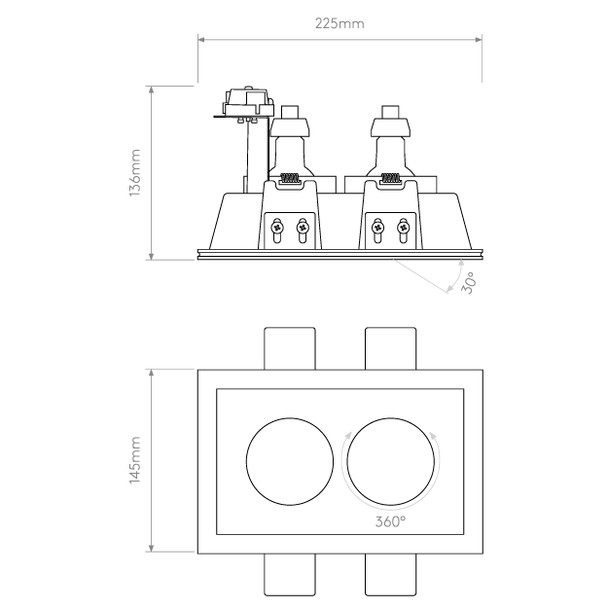 Blanco Twin Adjustable Plaster Recessed Downlight Technical Drawing