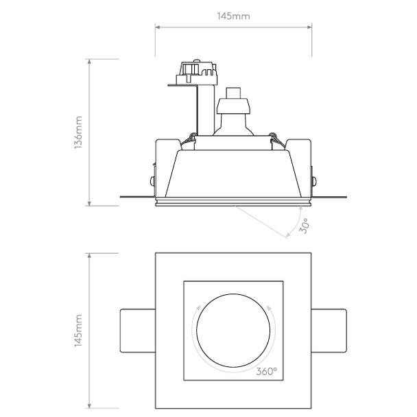 Blanco Square Adjustable Plaster Recessed Downlight Technical Drawing