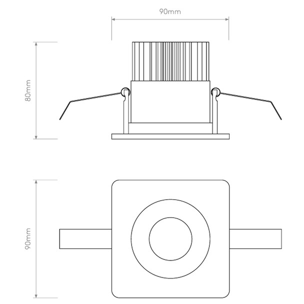 Vetro Square Bathroom Downlight IP65, Technical Drawing