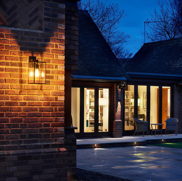 Box Lantern 350 Wall Light in Textured Black Exterior Bricked Wall Installation, Astro Wall Lighting