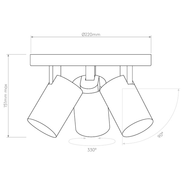 Aqua Triple Round Plate Spotlights IP44, Technical Drawing