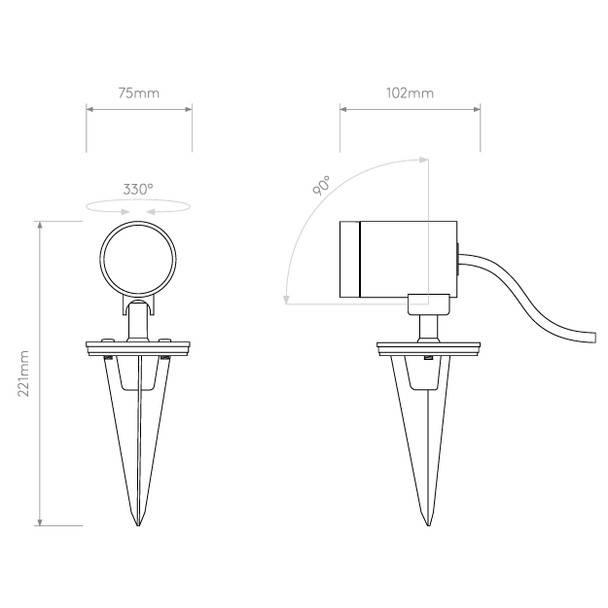 Bayville Spike Spot 12V Garden Light IP65 Technical Drawing, Astro Garden Lights