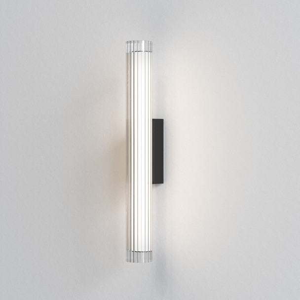 io 665 LED Bathroom Wall Light Ribbed Glass Diffuser Switched On