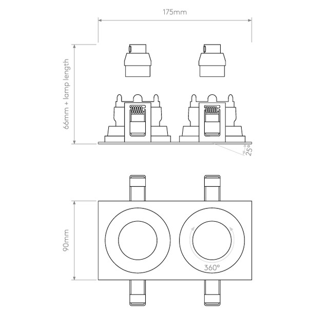 Pinhole Square Twin Adjustable Downlight GU10 Technical Drawing