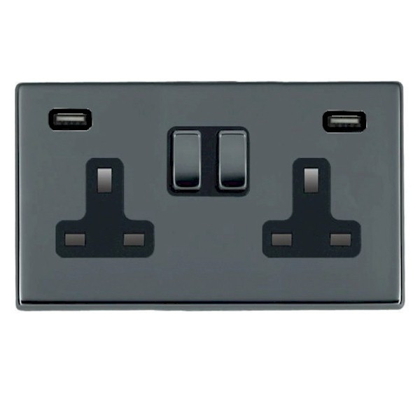Hartland CFX Black Nickel 2 gang 13A Double Pole Switched Socket with 1 USB + 1 USB Type C Outlet 2x2.4A Black Nickel/Black