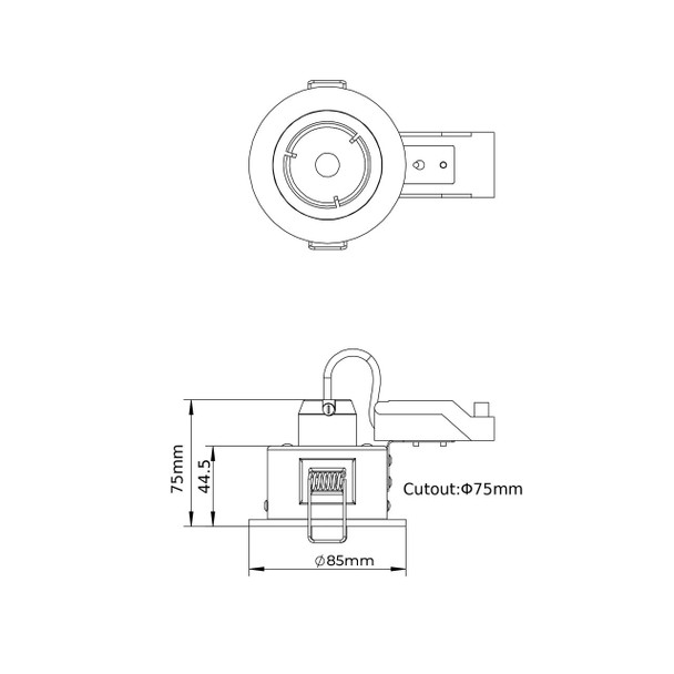 Technical Drawing of Open Back Design GU10 Downlight