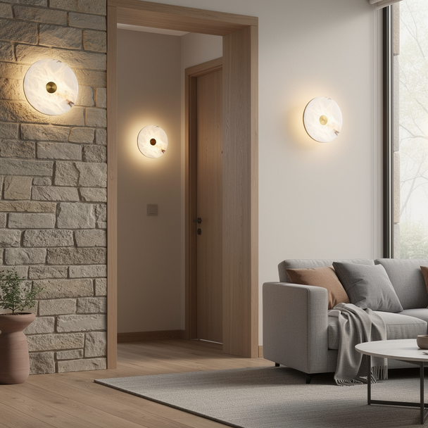 Modern Alabaster Stone LED Wall Light with Brass Accent