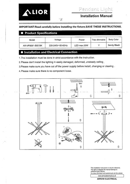 Technical installation manual and wiring diagram for the 55W dimmable LED pendant light fitting.