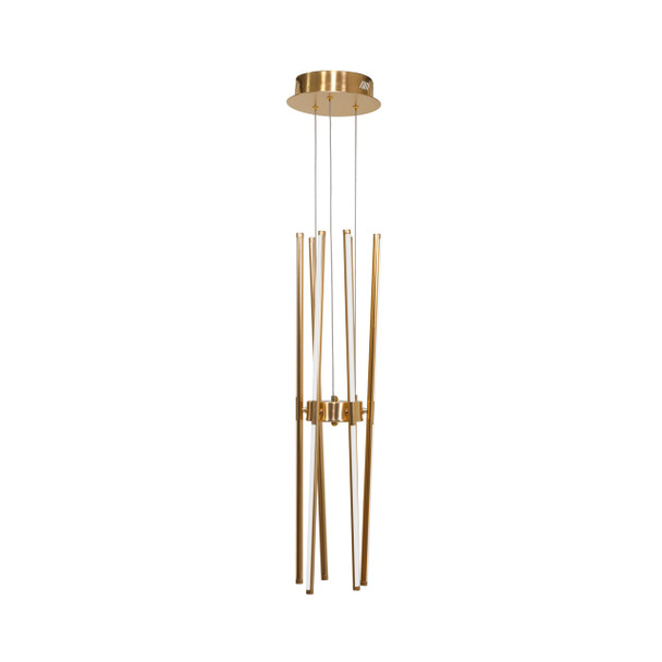 Foldable gold LED pendant light fitting showing the adjustable arms in a vertical, sculptural position