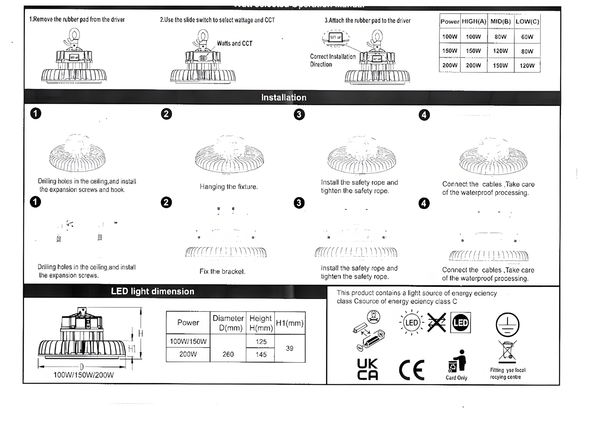 150W UFO Industrial LED High Bay Light installation guide showing power selector settings, mounting steps and LED dimensions
