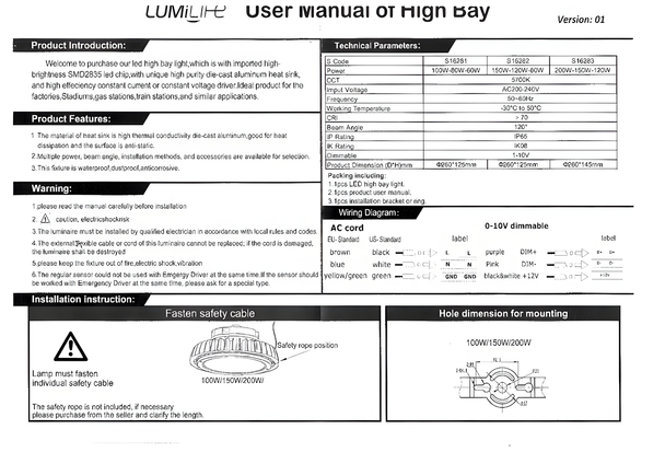 150W UFO Industrial LED High Bay Light user manual showing technical specifications, wiring diagram and product features