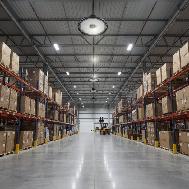 200W UFO Industrial LED High Bay Light installed on warehouse ceiling with storage racking