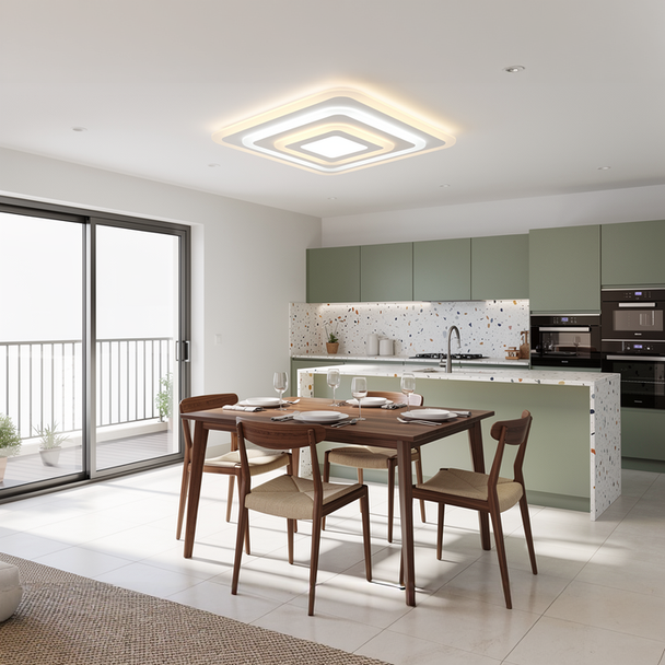 Square panel LED flush ceiling light in modern kitchen dining room