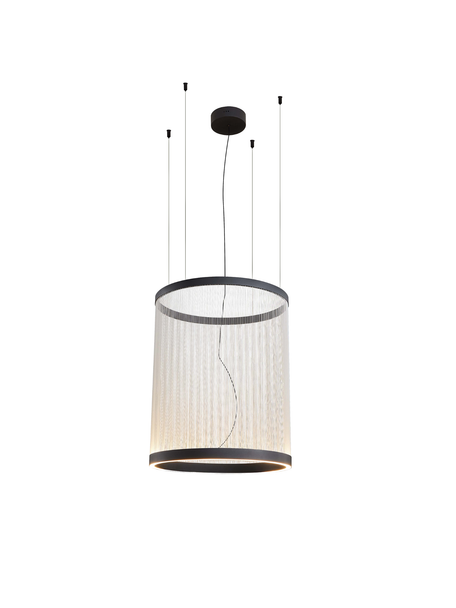 Black LED pendant light with cylindrical elastic rope shade, sand black metal rings and beige strands, 60W 3000K warm white, front view on white background