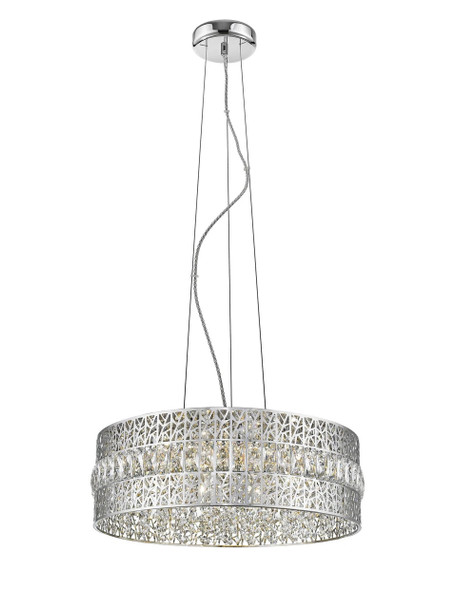 Chrome circular G9 pendant light unlit, three bands of clear crystal detailing, 514mm