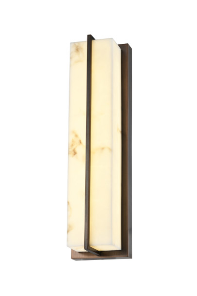 Alabaster rectangular wall light in Black and Brushed Gold finish, lit view showing warm 3000K light diffusing evenly through the full face of the alabaster stone panel