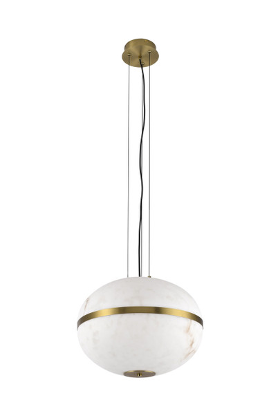 Alabaster sphere pendant light in matt brass, unlit view showing white alabaster shade with natural warm veining, brass equatorial band and circular ceiling canopy