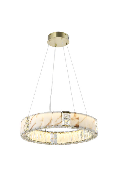 Alabaster crystal ring pendant in brass, angled view showing warm glow through crystal inner edge and alabaster outer band with brass ceiling canopy above