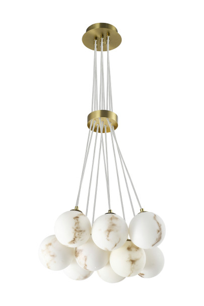 Alabaster globe cluster pendant in matt brass showing natural veined globe shades and cascading cable silhouette, 9 x G9, dimmable, height adjustabl