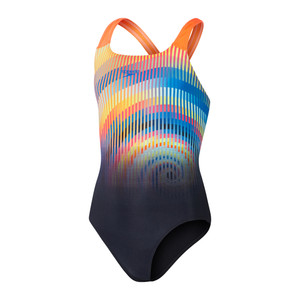 Speedo Girls Placement Powerback Swimsuit Black/Siren Red/True Cobalt/Lemon Drizzle