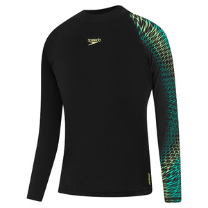 Speedo Boys Tech Panel Long Sleeve Sun Top Black/Multi Green
