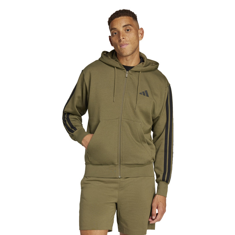 Adidas Mens Essentials 3-Stripes Fleece Full Zip Hoodie Olive Strata/Black