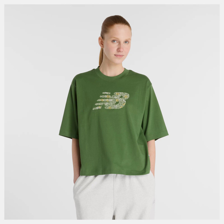 New Balance Womens Flower Logo Crew Tee Dark Alpine Green
