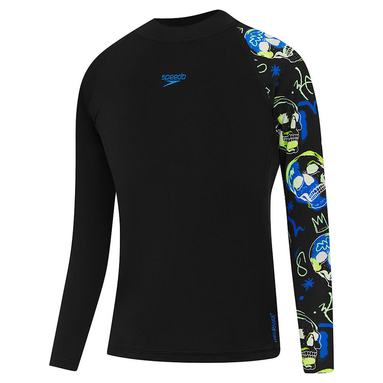 Speedo Boys Digi Printed Long Sleeve Sun Top Black/Sugar Blue Skuls