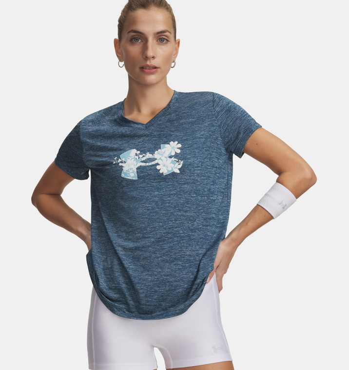Under Armour® Womens Tech Twist V-Neck Graphic Short Sleeve Tee Wham Blue/White