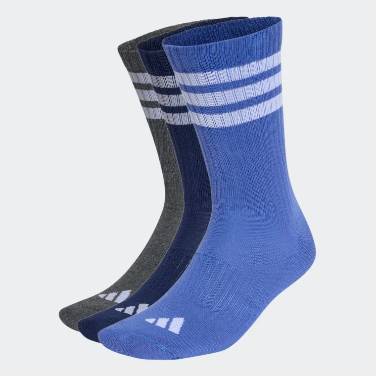 Adidas Unisex 3-Stripes Cushioned Crew Socks 3 Pairs Dual Indigo/Dark Grey Heather/Dark Blue/White