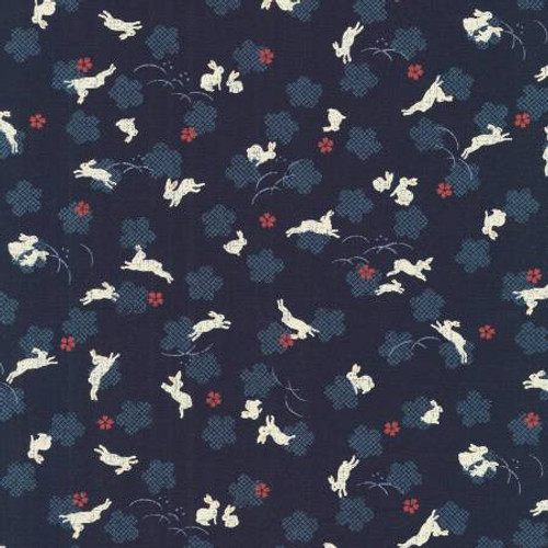 Sevenberry Kasuri Indigo Bunnies with Red Flowers - Sold by 1/4 meter