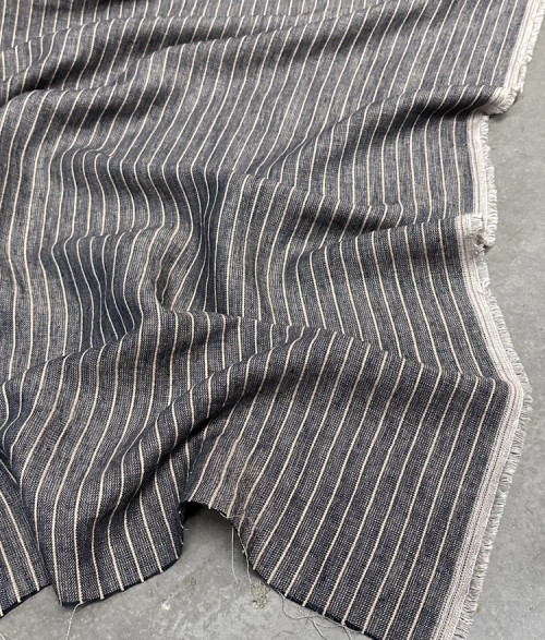 Indigo/Latte Stevie Stripe Linen Fabric - (sold by the 1/4 meter)