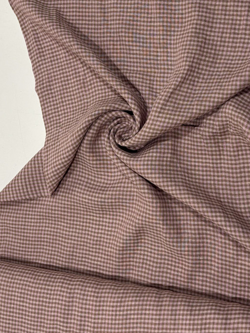 Pink & Tan Gingham Linen Fabric - sold by the 1/4 meter
